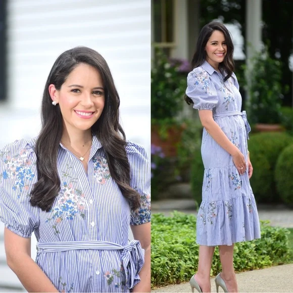 Veronica Beard Eunice Shirt Dress Blue White Stripe Floral Embroidery Sz 8 - Picture 2 of 5
